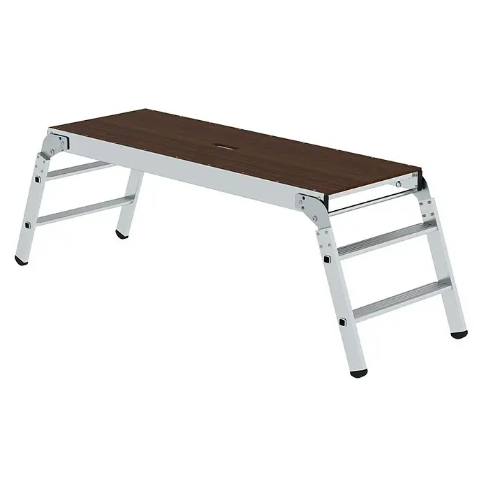 Proregal Treppenpodest Arbeitsdiele klappbar - Arbeitshöhe: 2.700 mm, Belastbarkeit: 300 kg, Aluminium - Klappbare Arbeitsplattform aus silbernem Aluminium mit dunkelbrauner Holzoptik-Plattform und integrierten Stufen.