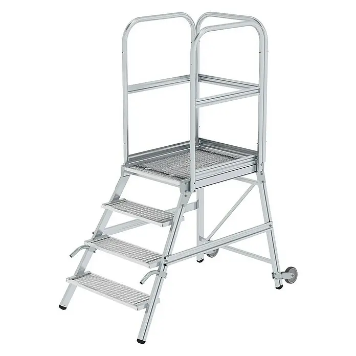 Proregal Treppenpodest einseitig begehbar - Anzahl Tritte: 4 Stk., Arbeitshöhe: 3.000 mm, Belastbarkeit: 150 kg, Aluminium - Mobile Arbeitsplattform aus silbernem Aluminium mit rutschfesten Lochstufen, Sicherheitsgeländer und Rollen.