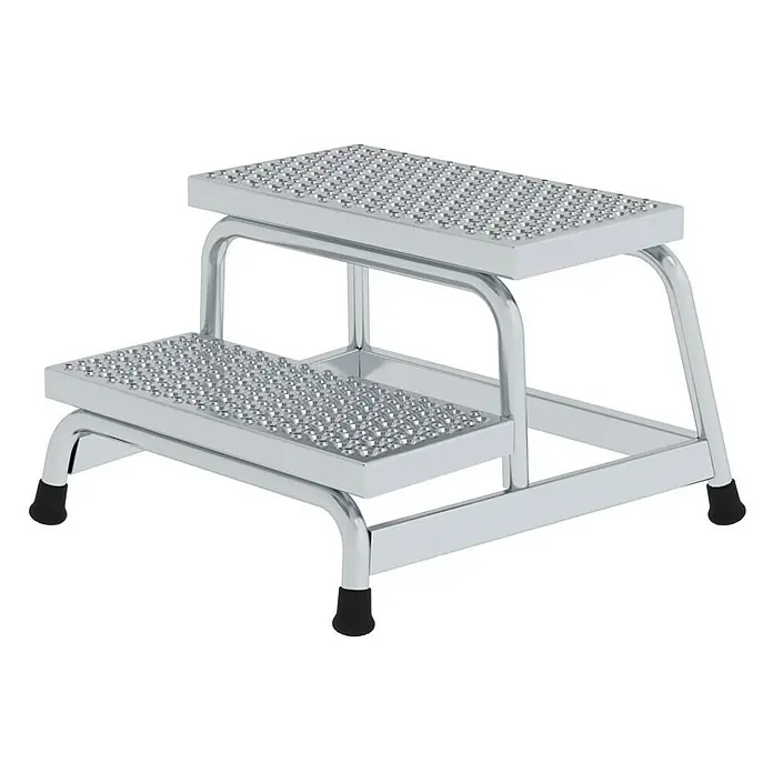 Proregal Treppenpodest Arbeitspodest starr mit 2 Stufen - Anzahl Tritte: 2 Stk., Belastbarkeit: 150 kg, Aluminium - Silberner Metall-Zweistufenhocker mit rutschfesten Trittflächen und schwarzen Gummifüßen.