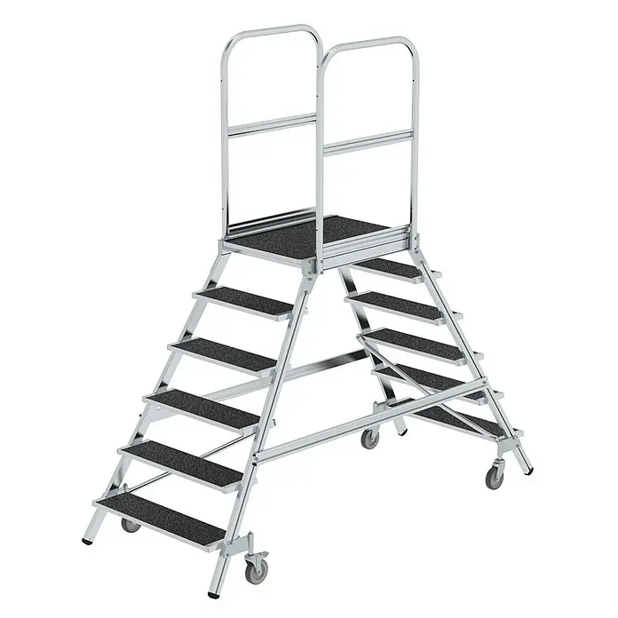 Proregal Treppenpodest beidseitig begehbar - Anzahl Tritte: 6 Stk., Arbeitshöhe: 3.500 mm, Belastbarkeit: 150 kg, Aluminium - Mobile Aluminium-Arbeitsplattform mit rutschfesten schwarzen Stufen, Handläufen und Rollen für sicheren, tragbaren Zugang.