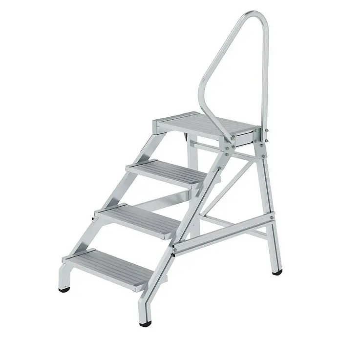 Proregal Treppenpodest Montagetritt mit Handlauf mit Handlauf - Anzahl Tritte: 4 Stk., Arbeitshöhe: 2.800 mm, Belastbarkeit: 300 kg, Aluminium - Silberfarbene vierstufige Podestleiter mit Handlauf für sicheren Zugang.