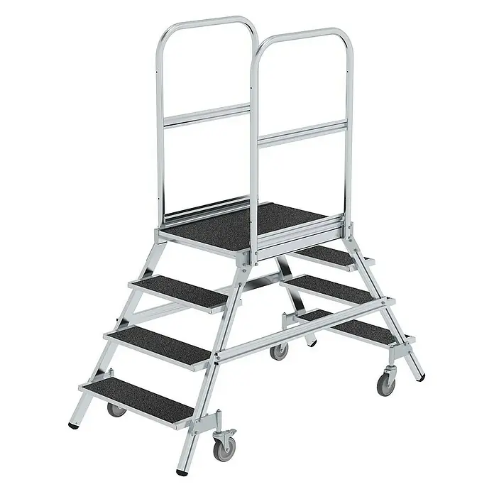 Proregal Treppenpodest beidseitig begehbar - Anzahl Tritte: 4 Stk., Arbeitshöhe: 3.000 mm, Belastbarkeit: 150 kg, Aluminium - Silberfarbene Aluminium-Rolltrittplattform mit schwarzen Antirutsch-Stufen, Sicherheitsgeländern und Rollen.