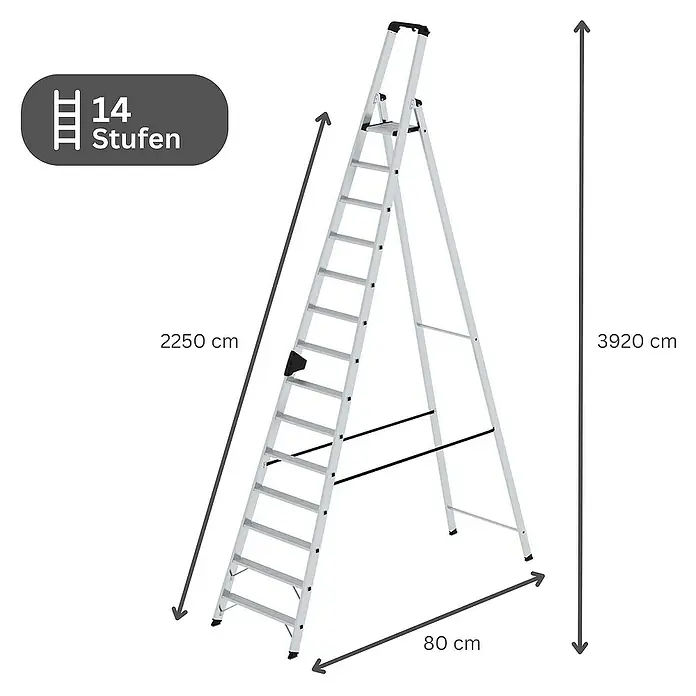 Proregal Stehleiter einseitig begehbar - Anzahl Tritte: 14 Stk., Arbeitshöhe: 5.250 mm, Belastbarkeit: 150 kg, Aluminium - Silberne Stehleiter mit 14 Stufen.