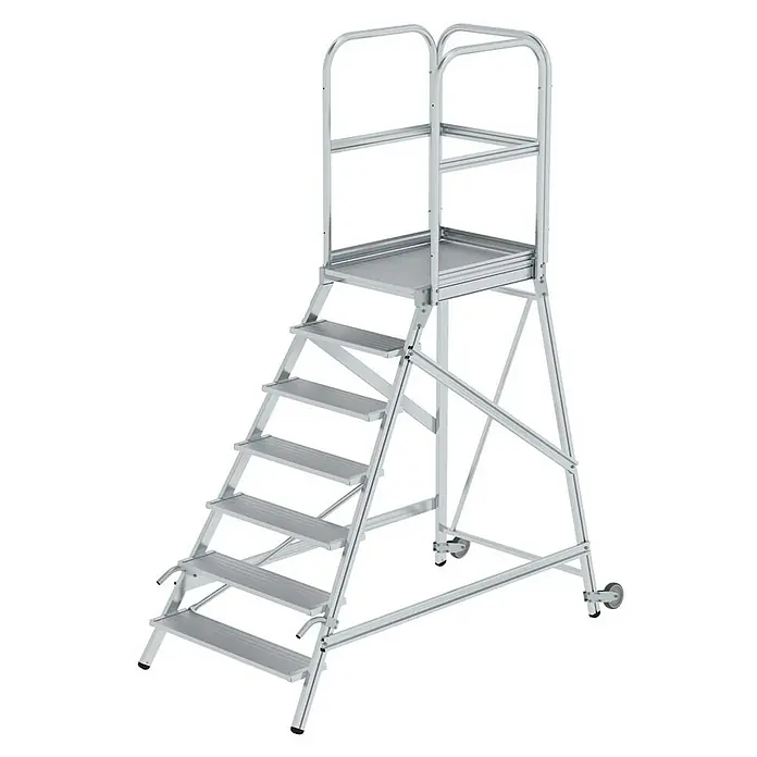 Proregal Treppenpodest einseitig begehbar - Anzahl Tritte: 7 Stk., Arbeitshöhe: 3.700 mm, Belastbarkeit: 150 kg, Aluminium - Mobile Arbeitsbühne aus silbernem Aluminium mit Treppe, Plattform, Geländern und Rollen zur einfachen Bewegung.