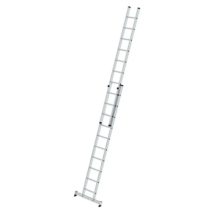 Proregal Schiebeleiter 2-teilig - Anzahl Tritte: 20 Stk., Arbeitshöhe: 6.000 mm, Belastbarkeit: 150 kg, Aluminium - Ausziehbare silberne Aluminiumleiter mit schwarzen Kappen an Enden und Füßen.