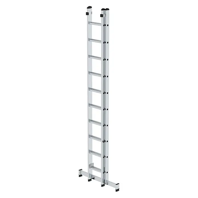 Proregal Schiebeleiter 2-teilig - Anzahl Tritte: 20 Stk., Arbeitshöhe: 6.000 mm, Belastbarkeit: 150 kg, Aluminium - Aluminium-Schiebeleiter mit schwarzem Stabilisator und Füßen.