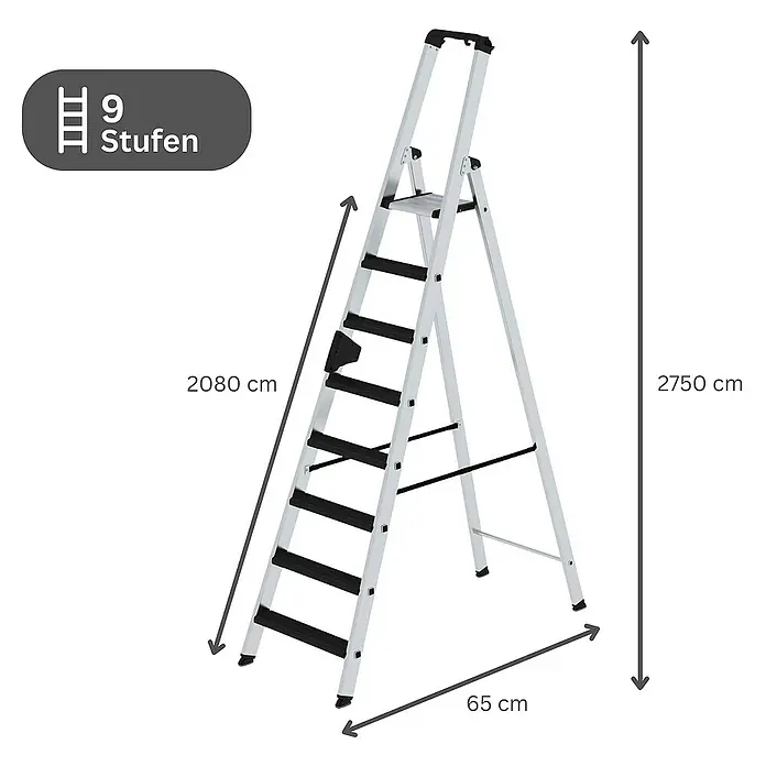Proregal Stehleiter einseitig begehbar - Anzahl Tritte: 9 Stk., Arbeitshöhe: 4.100 mm, Belastbarkeit: 150 kg, Aluminium - Silberne Aluminium-Klappleiter mit 9 schwarzen Stufen. Gesamthöhe 275 cm, Breite 65 cm.