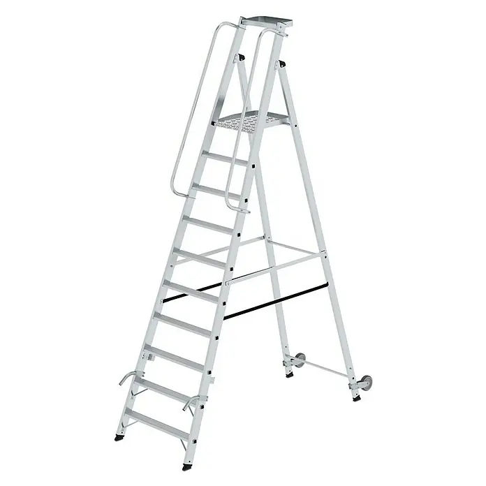 Proregal Stehleiter mit Rollen und Griff - Anzahl Tritte: 10 Stk., Belastbarkeit: 150 kg, Aluminium - Silberne Aluminium-Treppenleiter mit mehreren Stufen, oberer Plattform, Handläufen und Rollen für Mobilität.
