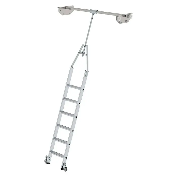 Proregal Anlegeleiter Regalleiter drehabr mit 6 Stufen - Anzahl Tritte: 6 Stk., Arbeitshöhe: 3.440 mm, Belastbarkeit: 150 kg, Aluminium - Silberne Aluminium-Auszugsleiter mit Decken-Schienensystem und unteren Rollen.