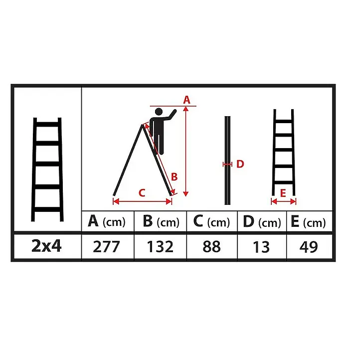 Proregal Doppel-Stehleiter mit Sicherheitsband - Anzahl Tritte: 8 Stk., Belastbarkeit: 150 kg, Holz - Diagramm mit Leitermaßen: maximale Arbeitshöhe (A), Standhöhe (B), Basisbreite (C), Faltbreite (D) und Leiterbreite (E), mit Werten.