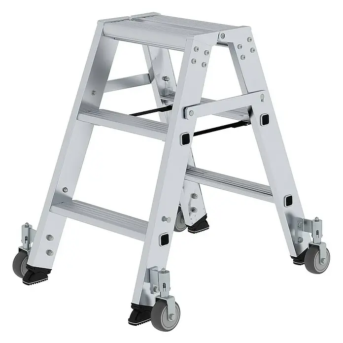 Proregal Doppel-Stehleiter beidseitig begehbar - Anzahl Tritte: 6 Stk., Arbeitshöhe: 2.200 mm, Belastbarkeit: 150 kg, Aluminium - Silbernes Aluminium-Klapp-Arbeitsgerüst mit Rollen für leichte Mobilität.