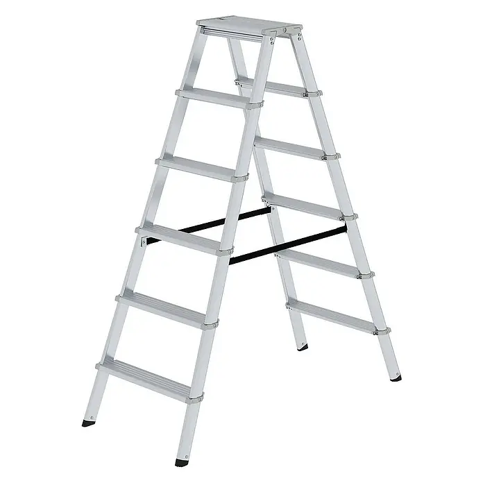 Proregal Doppel-Stehleiter beidseitig begehbar - Anzahl Tritte: 12 Stk., Arbeitshöhe: 2.950 mm, Belastbarkeit: 150 kg, Aluminium - Silberne Aluminium-Klapptrittleiter mit mehreren Stufen und schwarzen Stabilisierungsstangen.