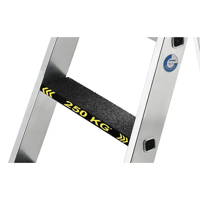 Proregal Stehleiter mit 4 Stufen - Anzahl Tritte: 4 Stk., Arbeitshöhe: 2.950 mm, Belastbarkeit: 250 kg, Aluminium - Schwarze, strukturierte Anti-Rutsch-Leiterstufe mit gelber „250 KG“-Belastungsangabe, befestigt an silbernen Aluminiumholmen mit TÜV NORD Siegel.