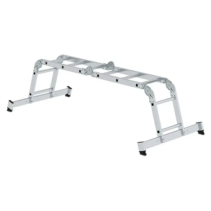 Proregal Mehrzweckleiter 4-teilig - Anzahl Tritte: 4 Stk., Arbeitshöhe: 4.000 mm, Belastbarkeit: 150 kg, Aluminium - Silberne Aluminium-Gelenkleiter als Werkbank-Basis, mit breiten Stabilisatoren und flexiblen Gelenken.