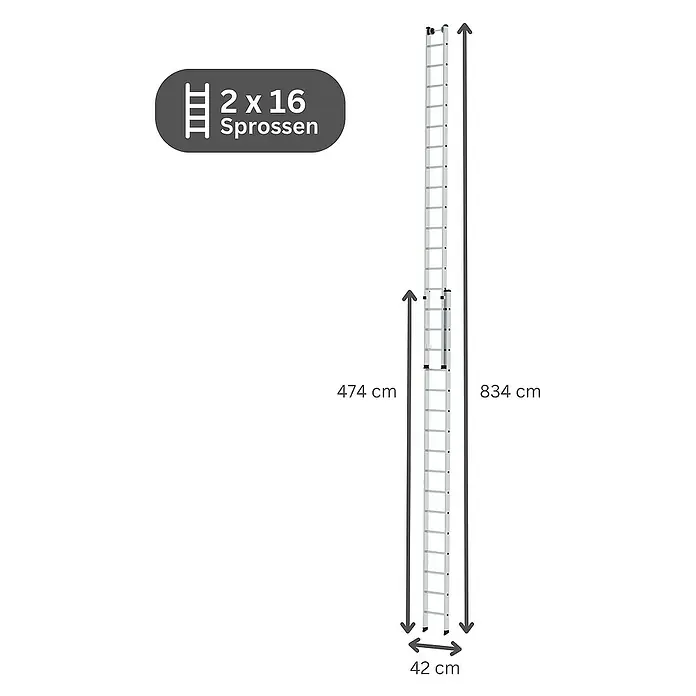 Proregal Schiebeleiter 2-teilig - Anzahl Tritte: 32 Stk., Arbeitshöhe: 9.400 mm, Belastbarkeit: 150 kg, Aluminium - Silberne Aluminium-Ausziehleiter, 2x16 Sprossen, max. 834 cm Länge, 42 cm Breite.