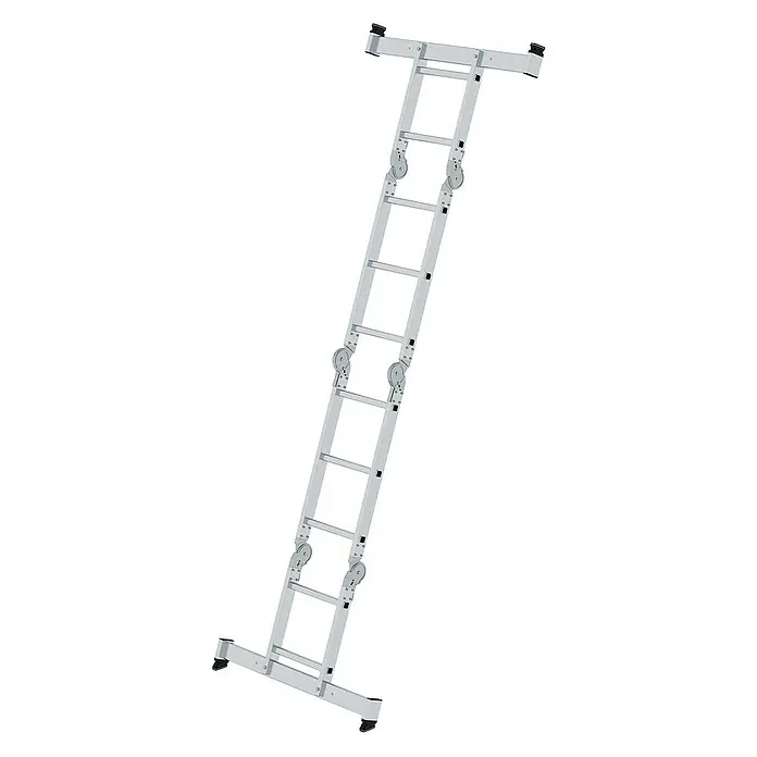 Proregal Mehrzweckleiter 4-teilig - Anzahl Tritte: 4 Stk., Arbeitshöhe: 4.000 mm, Belastbarkeit: 150 kg, Aluminium - Silberfarbene Aluminium-Mehrzweckleiter schräg ausgefahren, mit Gelenken und breiten Stabilisatorfüßen.