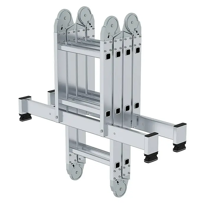 Proregal Mehrzweckleiter 4-teilig - Anzahl Tritte: 4 Stk., Arbeitshöhe: 4.000 mm, Belastbarkeit: 150 kg, Aluminium - Silberne Aluminium-Mehrzweckleiter, zusammengeklappt, mit breiten Füßen und rutschfesten Polstern.
