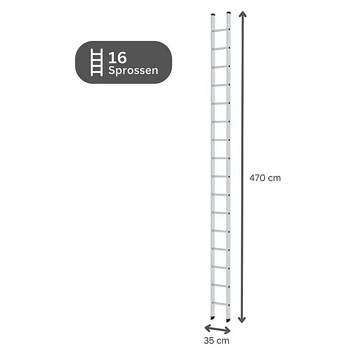 Proregal Anlegeleiter mit 16 Sprossen - Anzahl Tritte: 16 Stk., Arbeitshöhe: 5.400 mm, Belastbarkeit: 150 kg, Aluminium - Silberne Leiter mit 16 Sprossen, 470 cm lang und 35 cm breit.