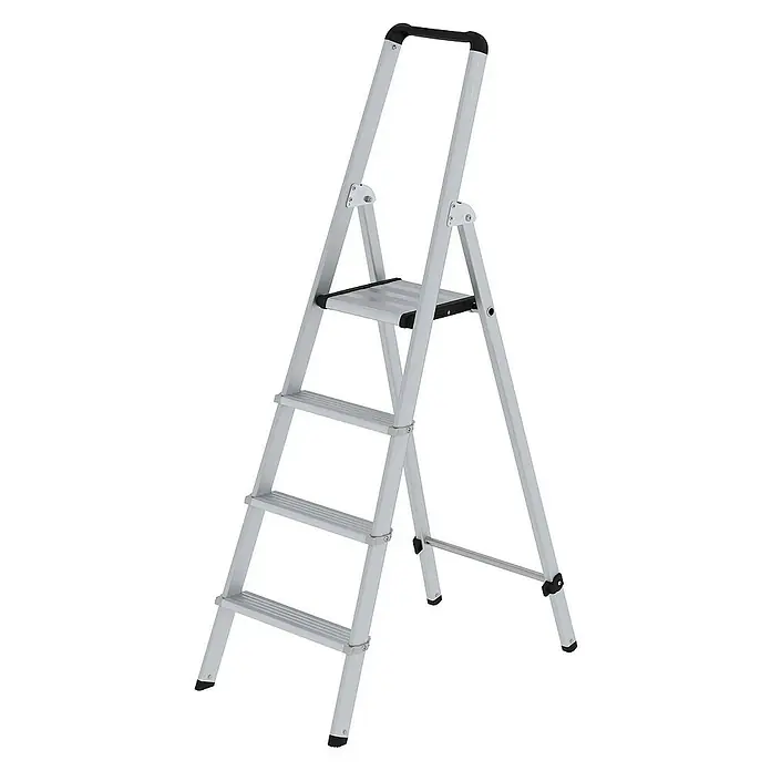 Proregal Stehleiter einseitig begehbar - Anzahl Tritte: 4 Stk., Arbeitshöhe: 2.950 mm, Belastbarkeit: 150 kg, Aluminium - Silberfarbene Aluminium-Klappleiter mit vier rutschfesten Stufen, einer oberen Plattform und schwarzem Griff für den Haushalt.