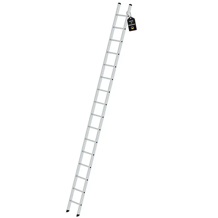 Proregal Anlegeleiter mit 16 Sprossen - Anzahl Tritte: 16 Stk., Arbeitshöhe: 5.400 mm, Belastbarkeit: 150 kg, Aluminium - Silberne Metalleiter, einteilig, mit „Made in Germany“-Etikett.
