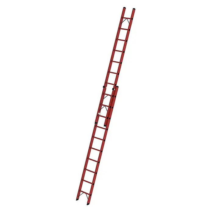 Proregal Schiebeleiter mit 20 Sprossen - Anzahl Tritte: 20 Stk., Arbeitshöhe: 6.300 mm, Belastbarkeit: 150 kg, Kunststoff - Rote zweiteilige Ausziehleiter mit schwarzen Sprossen und Schutzkappen.