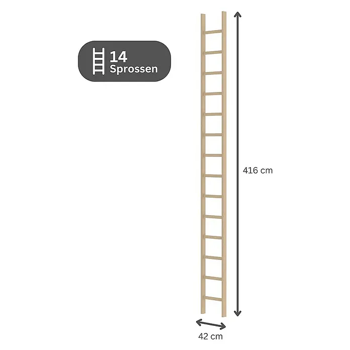 Proregal Anlegeleiter mit 14 Sprossen - Anzahl Tritte: 14 Stk., Arbeitshöhe: 5.300 mm, Belastbarkeit: 150 kg, Holz - Hohe Holzleiter mit 14 Sprossen, 416 cm hoch und 42 cm breit.