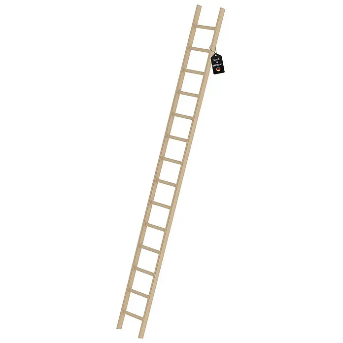 Proregal Anlegeleiter mit 14 Sprossen - Anzahl Tritte: 14 Stk., Arbeitshöhe: 5.300 mm, Belastbarkeit: 150 kg, Holz - Hellbraune Holzleiter mit einem "Made in Germany"-Etikett oben.
