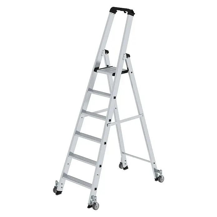 Proregal Stehleiter einseitig begehbar - Anzahl Tritte: 6 Stk., Arbeitshöhe: 3.400 mm, Belastbarkeit: 150 kg, Aluminium - Klappbare Leiter aus silbernem Aluminium mit Rollen und schwarzem Griff, mehrstufig.
