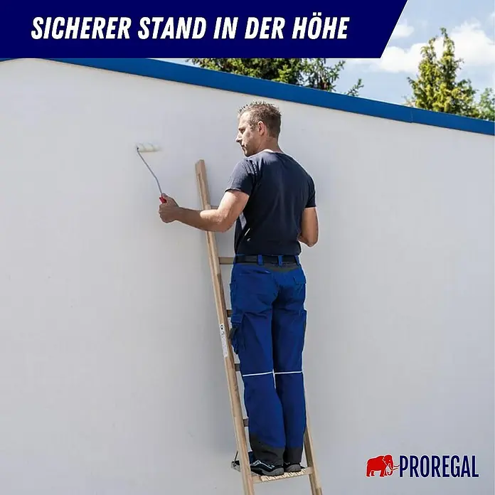 Proregal Anlegeleiter mit 14 Sprossen - Anzahl Tritte: 14 Stk., Arbeitshöhe: 5.300 mm, Belastbarkeit: 150 kg, Holz - Holzleiter im Einsatz, bietet stabilen Stand für Malerarbeiten in der Höhe.
