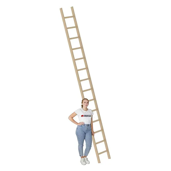 Proregal Anlegeleiter mit 14 Sprossen - Anzahl Tritte: 14 Stk., Arbeitshöhe: 5.300 mm, Belastbarkeit: 150 kg, Holz - Hohe, hellbraune Holzleiter, deren Höhe durch eine Person an ihrer Basis verdeutlicht wird.