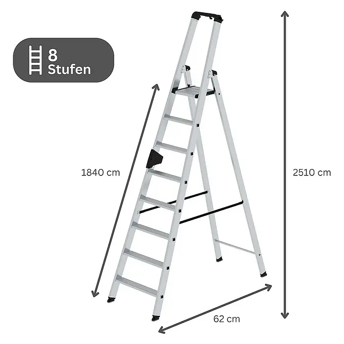Proregal Stehleiter einseitig begehbar - Anzahl Tritte: 8 Stk., Arbeitshöhe: 3.900 mm, Belastbarkeit: 150 kg, Aluminium - Silberne Aluminium-Klappleiter mit 8 Stufen. Gesamthöhe 2510 cm, Seitenlänge 1840 cm, Breite 62 cm.