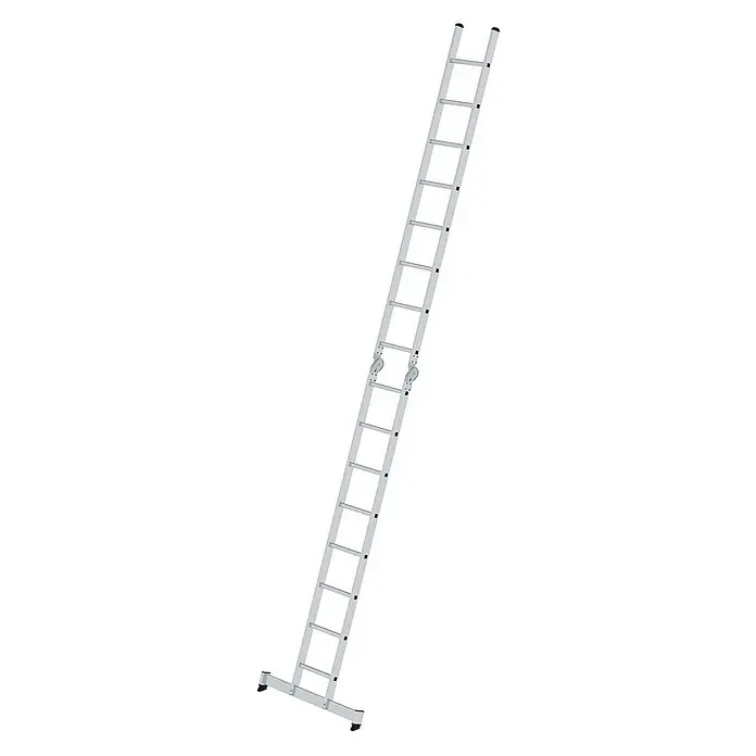 Proregal Doppel-Stehleiter 2-teilig - Anzahl Tritte: 16 Stk., Arbeitshöhe: 5.800 mm, Belastbarkeit: 150 kg, Aluminium - Silberne Aluminium-zweiteilige Ausziehleiter mit breiter Stabilisatorstange an der Basis.