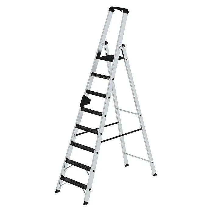 Proregal Stehleiter mit 8 Stufen - Anzahl Tritte: 8 Stk., Arbeitshöhe: 3.850 mm, Belastbarkeit: 250 kg, Aluminium - Silberne Aluminium-Stehleiter mit schwarzen Anti-Rutsch-Stufen und 250 kg Tragkraft.