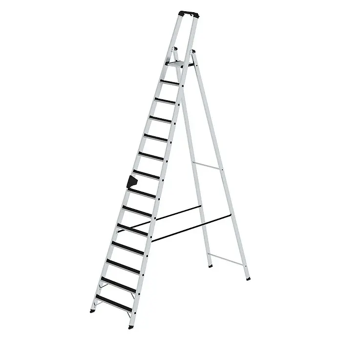 Proregal Stehleiter einseitig begehbar - Anzahl Tritte: 14 Stk., Arbeitshöhe: 5.300 mm, Belastbarkeit: 150 kg, Aluminium - Aluminium A-Rahmen Stehleiter mit schwarzen Trittstufen und oberem Handlauf.