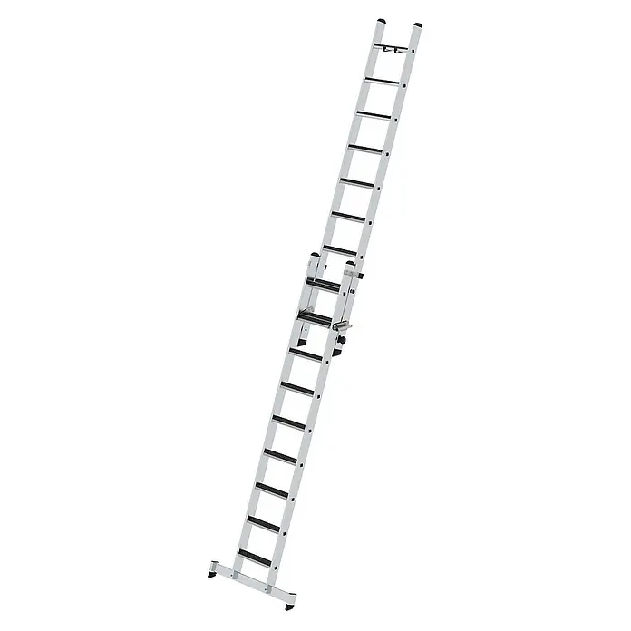 Proregal Schiebeleiter 2-teilig - Anzahl Tritte: 18 Stk., Arbeitshöhe: 5.450 mm, Belastbarkeit: 150 kg, Aluminium - Ausziehbare Leiter aus silbernem Aluminium mit schwarzen Sprossen und Schutzkappen.