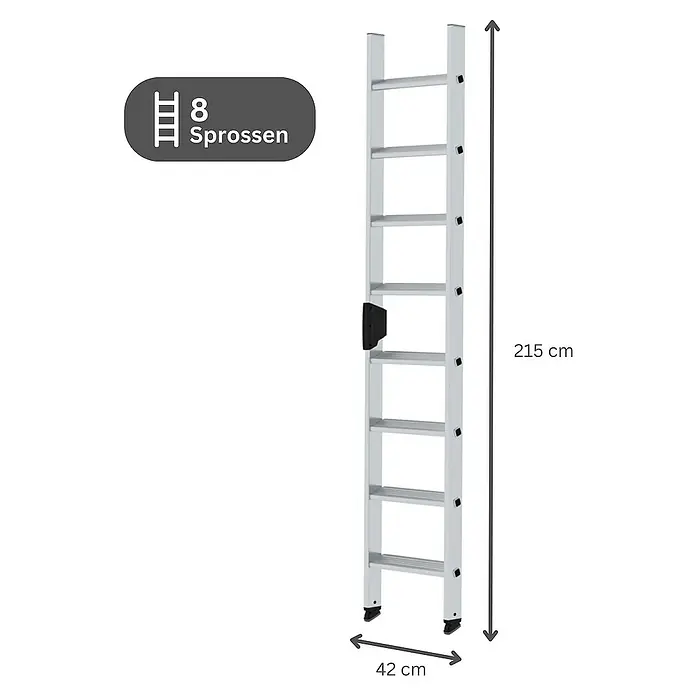 Proregal Anlegeleiter mit 8 Stufen - Anzahl Tritte: 8 Stk., Arbeitshöhe: 3.300 mm, Belastbarkeit: 150 kg, Aluminium - Silberfarbene Aluminiumleiter mit 8 Sprossen, 215 cm hoch und 42 cm breit.