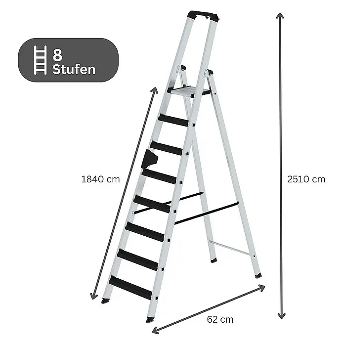 Proregal Stehleiter einseitig begehbar - Anzahl Tritte: 8 Stk., Arbeitshöhe: 3.850 mm, Belastbarkeit: 150 kg, Aluminium - Silberne Aluminium-Stehleiter mit 8 schwarzen Stufen.