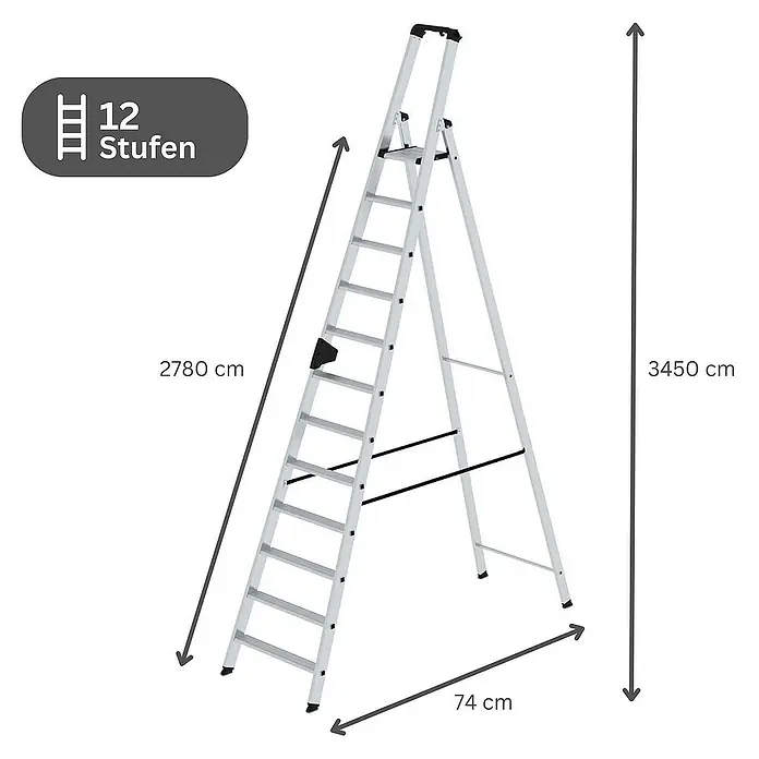 Proregal Stehleiter einseitig begehbar - Anzahl Tritte: 12 Stk., Arbeitshöhe: 4.800 mm, Belastbarkeit: 150 kg, Aluminium - Silberne Aluminium-Klappleiter mit 12 Stufen und Maßen.