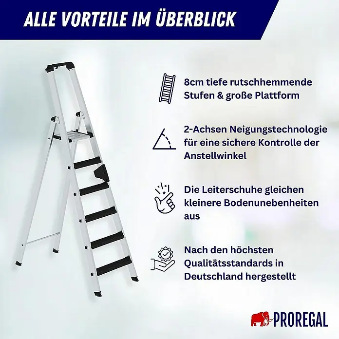 Proregal Stehleiter einseitig begehbar - Anzahl Tritte: 8 Stk., Arbeitshöhe: 3.850 mm, Belastbarkeit: 150 kg, Aluminium - Weiße Aluminium-Klappleiter mit schwarzen Stufen, ausgeklappt.