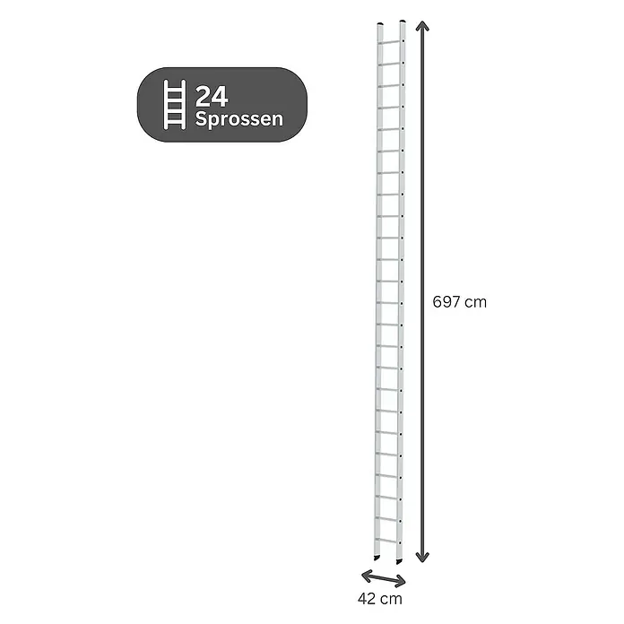 Proregal Anlegeleiter mit 24 Sprossen - Anzahl Tritte: 24 Stk., Arbeitshöhe: 8.100 mm, Belastbarkeit: 150 kg, Aluminium - Silberne Leiter mit 24 Sprossen, 697 cm hoch und 42 cm breit.