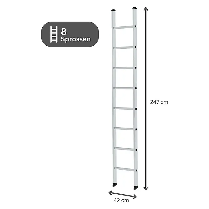 Proregal Anlegeleiter mit 8 Sprossen - Anzahl Tritte: 8 Stk., Arbeitshöhe: 3.600 mm, Belastbarkeit: 150 kg, Aluminium - Silberne Aluminiumleiter mit 8 Sprossen, 247 cm hoch und 42 cm breit.