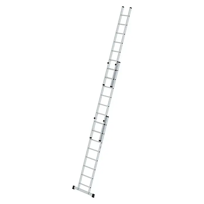 Proregal Schiebeleiter 3-teilig - Anzahl Tritte: 30 Stk., Arbeitshöhe: 8.000 mm, Belastbarkeit: 150 kg, Aluminium - Silberne dreiteilige Ausziehleiter aus Aluminium mit schwarzen Endkappen.