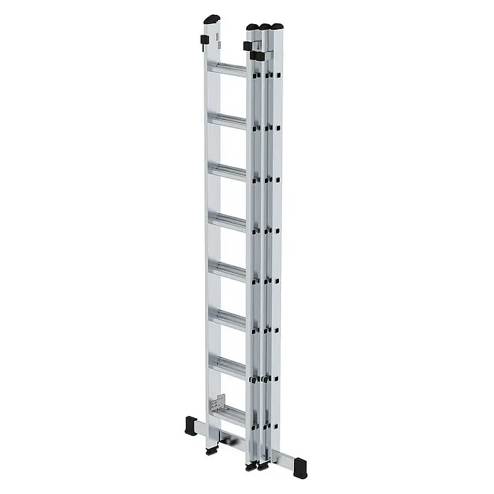 Proregal Schiebeleiter 3-teilig - Anzahl Tritte: 30 Stk., Arbeitshöhe: 8.000 mm, Belastbarkeit: 150 kg, Aluminium - Silberne Aluminium-Mehrzweckleiter, kompakt zusammengeklappt, mit schwarzen Standfüßen und Kappen.