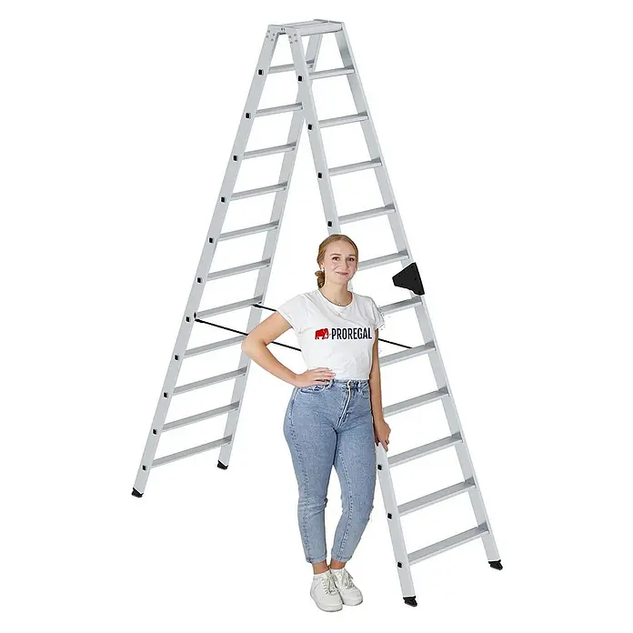 Proregal Doppel-Stehleiter beidseitig begehbar - Anzahl Tritte: 24 Stk., Arbeitshöhe: 4.300 mm, Belastbarkeit: 150 kg, Aluminium - Silberne Aluminium-Stehleiter, eine Frau steht daneben zum Größenvergleich.