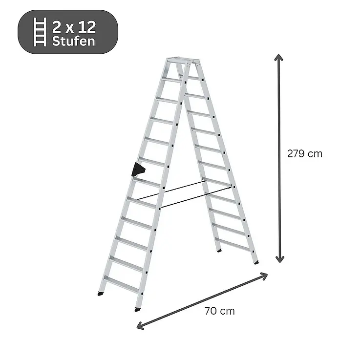 Proregal Doppel-Stehleiter beidseitig begehbar - Anzahl Tritte: 24 Stk., Arbeitshöhe: 4.300 mm, Belastbarkeit: 150 kg, Aluminium - Silberne Aluminium-Klappleiter mit 2x12 Stufen, 279 cm hoch, 70 cm breit.