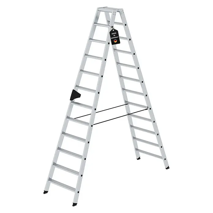 Proregal Doppel-Stehleiter beidseitig begehbar - Anzahl Tritte: 24 Stk., Arbeitshöhe: 4.300 mm, Belastbarkeit: 150 kg, Aluminium - Silberne Aluminium-Klappleiter mit "Made in Germany"-Etikett.