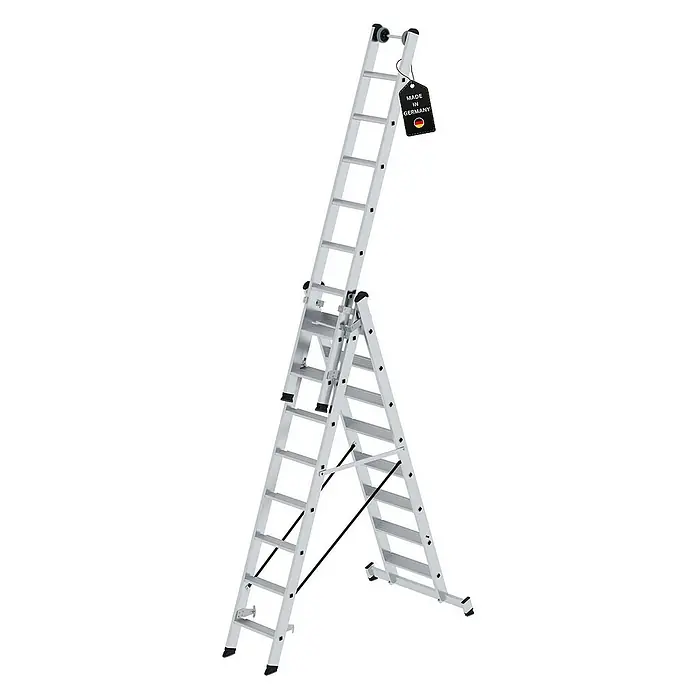 Proregal Mehrzweckleiter 3-teilig - Anzahl Tritte: 24 Stk., Arbeitshöhe: 6.900 mm, Belastbarkeit: 150 kg, Aluminium - Silberne, ausziehbare Mehrzweck-Aluminiumleiter mit 'Made in Germany' Etikett.