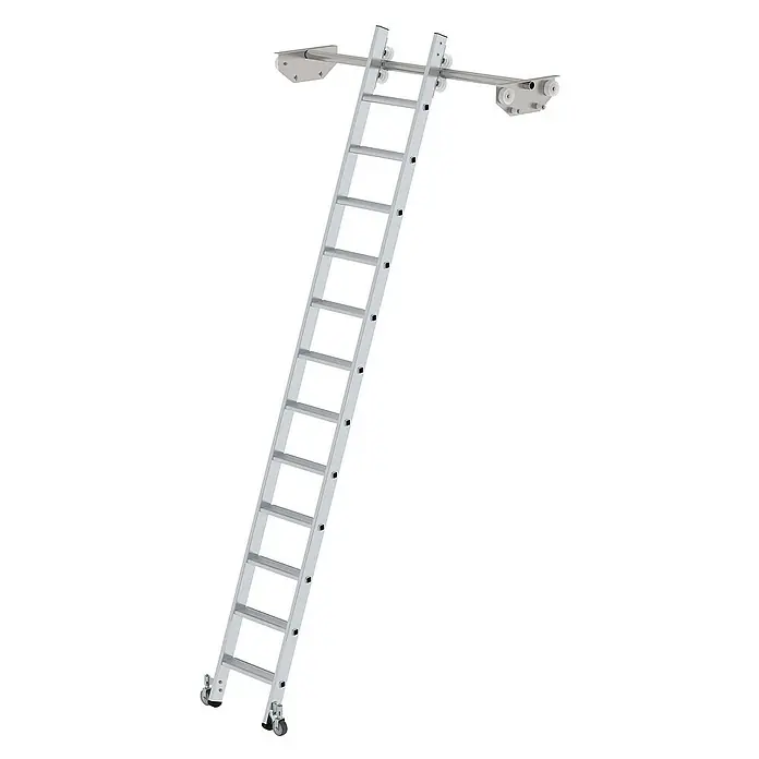 Proregal Anlegeleiter Regalleiter fahrbar - Anzahl Tritte: 12 Stk., Arbeitshöhe: 4.060 mm, Belastbarkeit: 150 kg, Aluminium - Silberne Aluminium-Rollleiter mit oberem Schienensystem und unteren Rollen.