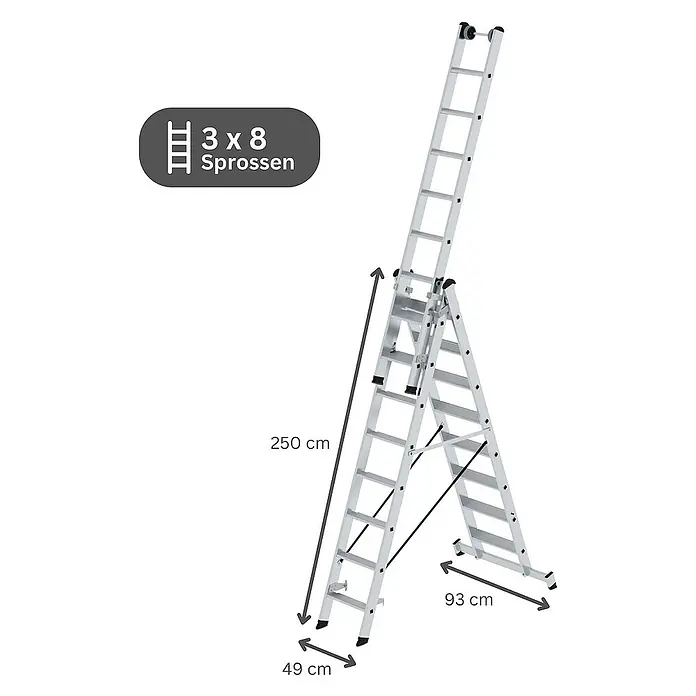 Proregal Mehrzweckleiter 3-teilig - Anzahl Tritte: 24 Stk., Arbeitshöhe: 6.900 mm, Belastbarkeit: 150 kg, Aluminium - Silberne Aluminium-Teleskopleiter, 3x8 Sprossen, als Stehleiter mit Auszug konfiguriert, 250 cm hoch.