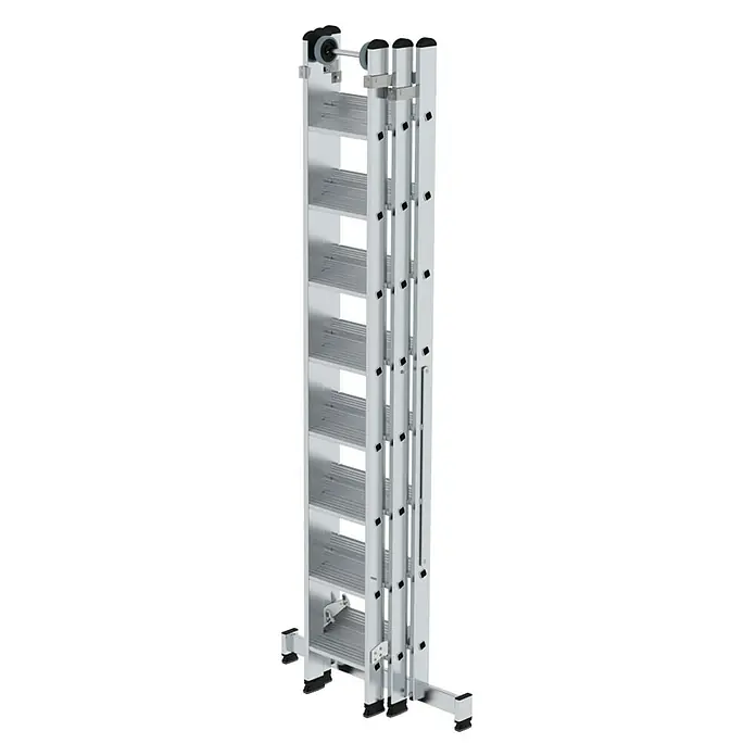 Proregal Mehrzweckleiter 3-teilig - Anzahl Tritte: 24 Stk., Arbeitshöhe: 6.900 mm, Belastbarkeit: 150 kg, Aluminium - Silberfarbene Aluminium-Mehrzweck-Ausziehleiter mit schwarzen Füßen und Rollen.